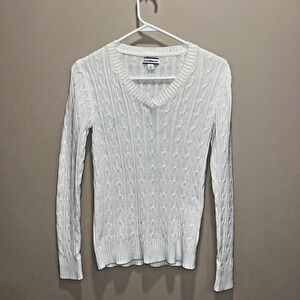 Croft Barrow Women's V Neck Ivory Cable Knit Sweater S Preppy Classic Tennis